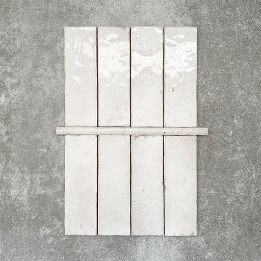 Foundry Chalk White 1.5x30cm gloss pencil bullnose border tile featuring a handcrafted-style finish with soft tonal variation, designed for decorative edging and refined finishing details in contemporary wall tile installations.