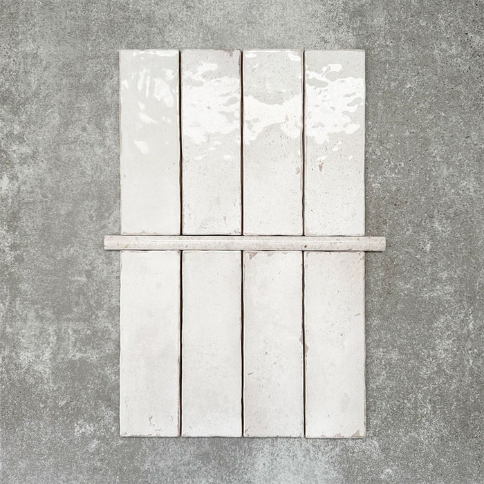 Foundry Chalk White 1.5x30cm gloss pencil bullnose border tile featuring a handcrafted-style finish with soft tonal variation, designed for decorative edging and refined finishing details in contemporary wall tile installations.