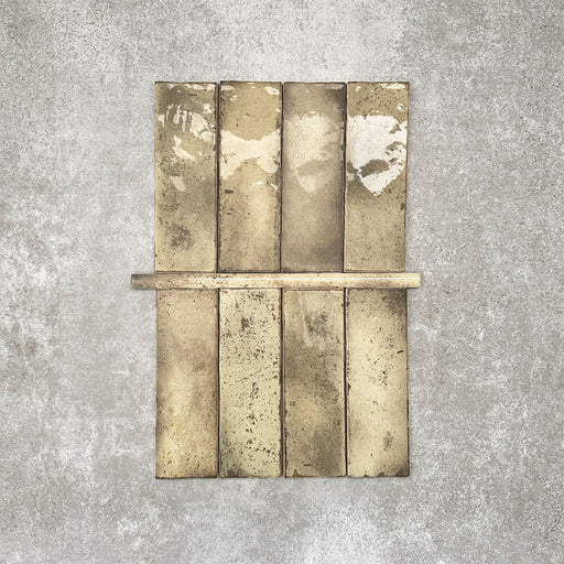 Foundry Moss Green 1.5x30cm gloss pencil bullnose border tile featuring a handcrafted-style finish with earthy olive and stone-toned variation, designed for decorative edging and refined finishing details in wall tile installations.