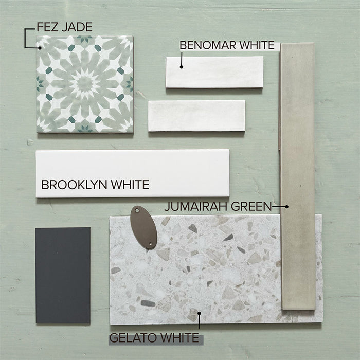 Moodboard featuring a curated mix of wall and floor tiles including Fez Jade Moroccan-style patterned tiles, Benomar White, Brooklyn White, Jumairah Green and Gelato White terrazzo effect tiles, showcasing soft greens, neutrals and textural finishes.