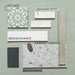 Moodboard featuring a curated mix of wall and floor tiles including Fez Jade Moroccan-style patterned tiles, Benomar White, Brooklyn White, Jumairah Green and Gelato White terrazzo effect tiles, showcasing soft greens, neutrals and textural finishes.