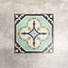 Four London Streets Goodwin Court 20x20cm Victorian Moroccan style porcelain tiles arranged together to showcase the repeating soft blue, cream and charcoal geometric pattern inspired by traditional Victorian style decorative floor tiles.