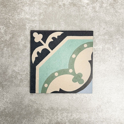 Single London Streets Goodwin Court 20x20cm Victorian Moroccan style porcelain tile displayed in a product setting, featuring an elegant geometric motif in soft blue, cream and charcoal tones inspired by traditional Victorian decorative floor tiles.