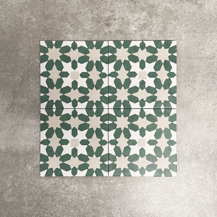 Souk Green C 20×20cm Moroccan-style porcelain tiles arranged in a green, white and beige geometric pattern.