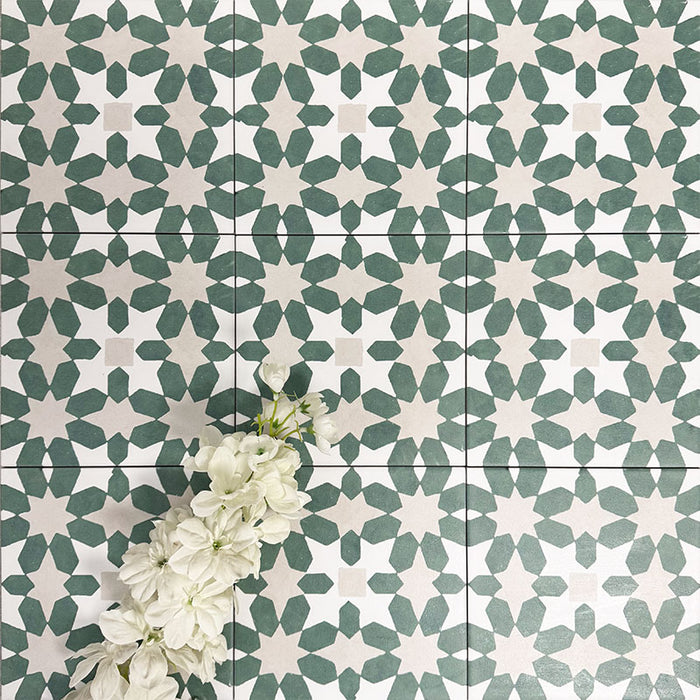 Souk Green C 20×20cm Moroccan-style porcelain tiles arranged in a green, white and beige geometric pattern.