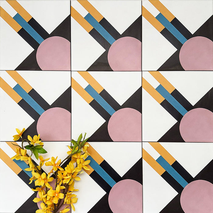 Abstract Contori Patterned Tiles in a 20x20cm format, displayed in a repeated grid layout to highlight the bold geometric design. Intersecting lines in mustard yellow, teal and black are balanced by soft blush pink circular details on a crisp white background, creating a striking, contemporary pattern ideal for feature walls, floors or decorative splashbacks.
