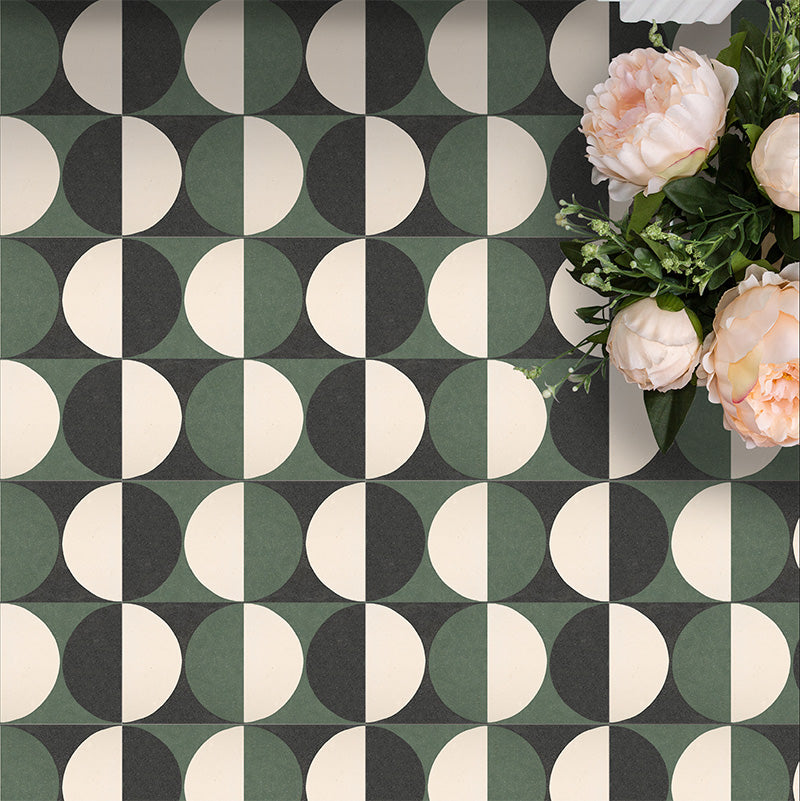 Abstract Circles Patterned Tiles in a 20x20cm format, shown in a repeating grid layout to highlight the bold circular design. Deep green, charcoal and soft cream tones create a striking yet balanced pattern, styled with floral accents to showcase the tiles as a decorative feature suitable for floors, walls or splashbacks.