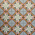 Cuba Star Mini Moroccan-style porcelain tiles in a 15×15cm square format, arranged in a repeating geometric star pattern with soft green, blue, pink and mustard tones, highlighting the tile’s crisp symmetry, fine detailing and decorative encaustic-style design.