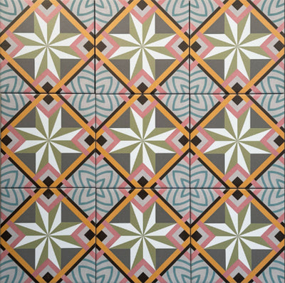 Cuba Star Mini Moroccan-style porcelain tiles in a 15×15cm square format, arranged in a repeating geometric star pattern with soft green, blue, pink and mustard tones, highlighting the tile’s crisp symmetry, fine detailing and decorative encaustic-style design.