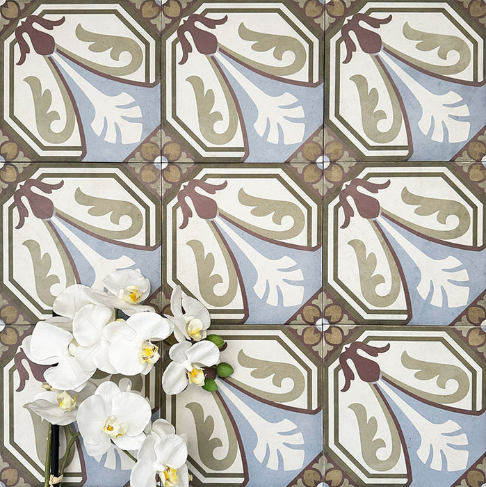 Viscount Langholme Place 20×20cm Victorian-style porcelain wall and floor tiles laid in a repeating ornate floral and geometric pattern with octagonal detailing in soft blue, sage green, warm red and cream tones, shown as a full tile layout with subtle tonal variation and floral styling.