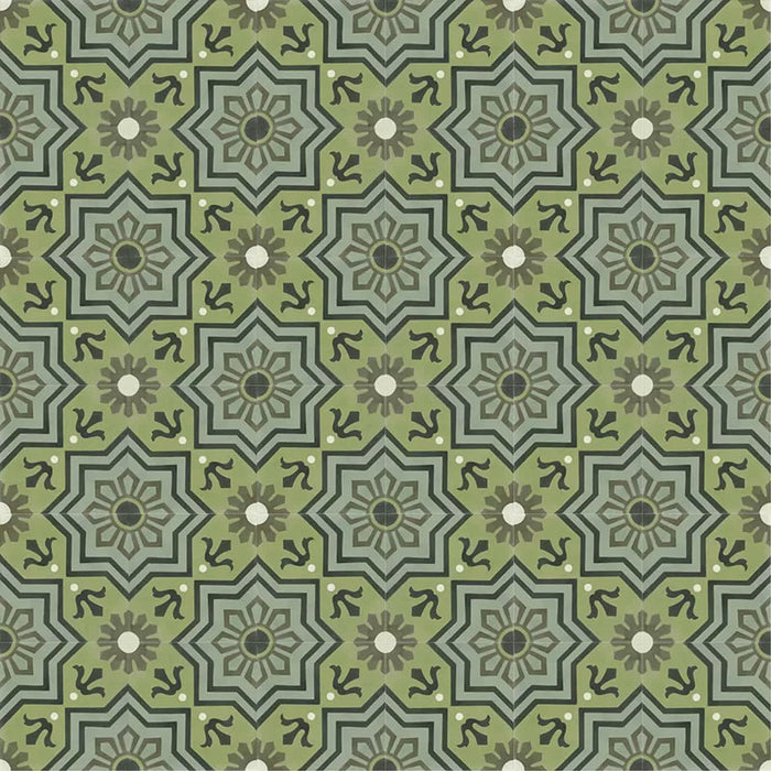 Patterned layout of Balthazar Verde 20×20cm Moroccan-style porcelain tiles, showing the full repeating encaustic-inspired geometric design in layered green tones with dark accents, ideal for creating bold feature floors or statement walls.