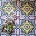 Decorative interior featuring Cuba Havana Moroccan-style porcelain tiles in a 20×20cm square format, showcasing a bold geometric pattern in navy, pink, green and mustard tones, styled with floral accessories to highlight the tile’s vibrant, vintage-inspired design.