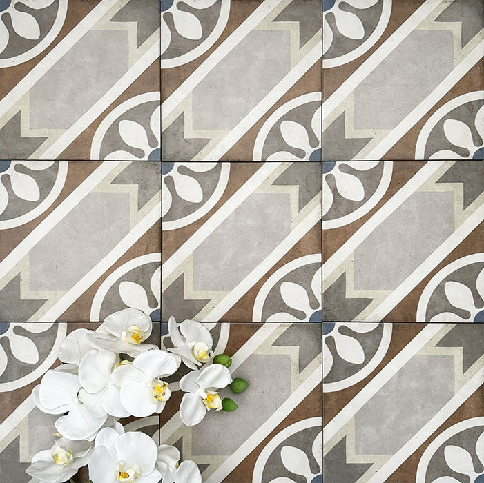 Viscount Heythrop 20×20cm Victorian-style porcelain wall and floor tiles laid in a repeating geometric and floral-inspired pattern in soft grey, warm beige, taupe and muted blue tones, shown as a full tile layout with subtle tonal variation and floral styling.