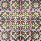 Cuba Havana Mini Moroccan-style porcelain tiles in a 15×15cm square format, arranged in a repeating geometric pattern with navy backgrounds and pink, green and mustard detailing, showcasing the tile’s intricate encaustic-style motifs and bold decorative symmetry.