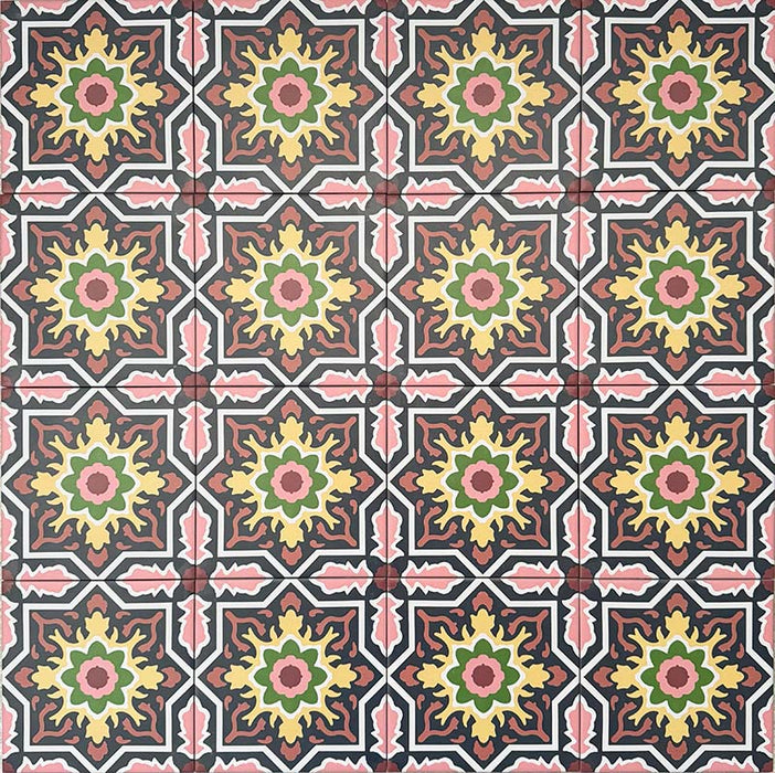 Cuba Havana Mini Moroccan-style porcelain tiles in a 15×15cm square format, arranged in a repeating geometric pattern with navy backgrounds and pink, green and mustard detailing, showcasing the tile’s intricate encaustic-style motifs and bold decorative symmetry.