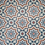 Patterned layout of Balthazar Grand 20×20cm Moroccan-style porcelain tiles, showing the full repeating encaustic-inspired geometric design in deep blue, warm brown and cream tones, ideal for creating bold statement floors or feature walls.