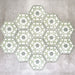 Grouped layout of Medina Soft Green Moroccan-style hexagon porcelain tiles, 18.7 × 21.6 cm, displaying the full repeating geometric pattern in soft green and white tones on a neutral background.
