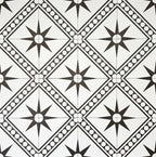 Gilgamesh Blanco Vintage White Moroccan style 20x20cm patterned tiles, shown as a flat lay to highlight the repeating black and white geometric star pattern.