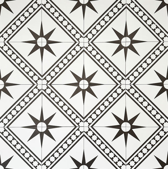 Gilgamesh Blanco Vintage White Moroccan style 20x20cm patterned tiles, shown as a flat lay to highlight the repeating black and white geometric star pattern.