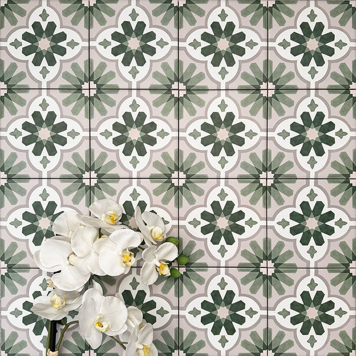 Clara Jade Mini Victorian Moroccan-style porcelain floor tiles in a 15 × 15cm format, laid in a repeating pattern to showcase the green geometric design across the floor.