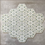 Grouped layout of Medina Hormuz Verde Green Moroccan-style hexagon porcelain tiles, 18.7 × 21.6 cm, displaying the full repeating geometric pattern in soft blue and white tones on a neutral background.