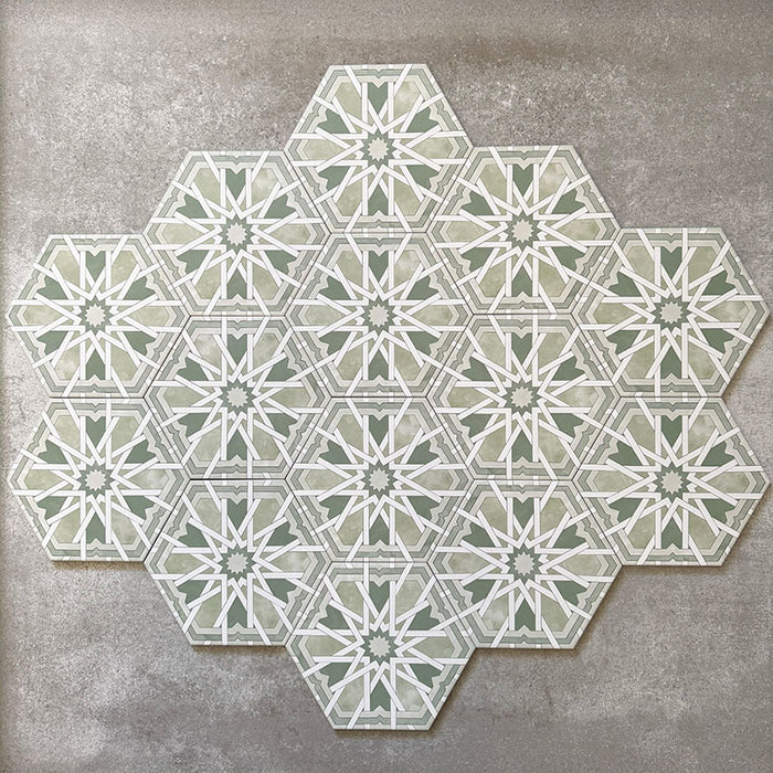 Grouped layout of Medina Hormuz Verde Green Moroccan-style hexagon porcelain tiles, 18.7 × 21.6 cm, displaying the full repeating geometric pattern in soft blue and white tones on a neutral background.