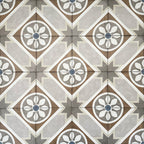 Viscount Heythrop 20×20cm Victorian-style porcelain wall and floor tiles laid in a repeating geometric floral pattern with circular motifs in soft grey, warm beige, taupe and muted blue tones, shown as a full tile layout highlighting the classic Victorian-inspired design.