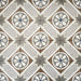 Viscount Heythrop 20×20cm Victorian-style porcelain wall and floor tiles laid in a repeating geometric floral pattern with circular motifs in soft grey, warm beige, taupe and muted blue tones, shown as a full tile layout highlighting the classic Victorian-inspired design.
