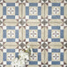 Viscount Harley Street 20×20cm Victorian-style porcelain wall and floor tiles laid in a repeating geometric square pattern with a central floral motif in soft blue, beige, warm grey and white tones, shown as a full tile layout with subtle tonal variation and floral styling.