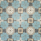 Nantes Azul Blue Moroccan-style patterned tiles displayed in a full repeating layout. The 20x20cm tiles feature soft blue floral motifs paired with circular mosaic detailing in cream, grey and stone tones, creating a traditional Moroccan-inspired design suitable for decorative floors and walls.