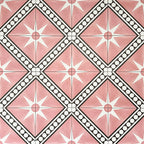 Gilgamesh Pink Moroccan style 20x20cm patterned tiles, shown as a flat lay to highlight the repeating pink, black and white geometric star pattern.