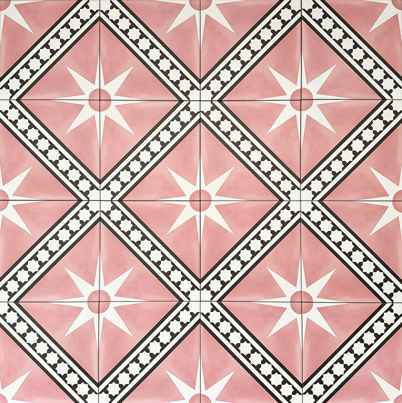 Gilgamesh Pink Moroccan style 20x20cm patterned tiles, shown as a flat lay to highlight the repeating pink, black and white geometric star pattern.