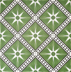 Gilgamesh Green Moroccan style 20x20cm patterned tiles, shown as a flat lay to highlight the repeating green, black and white geometric star pattern.