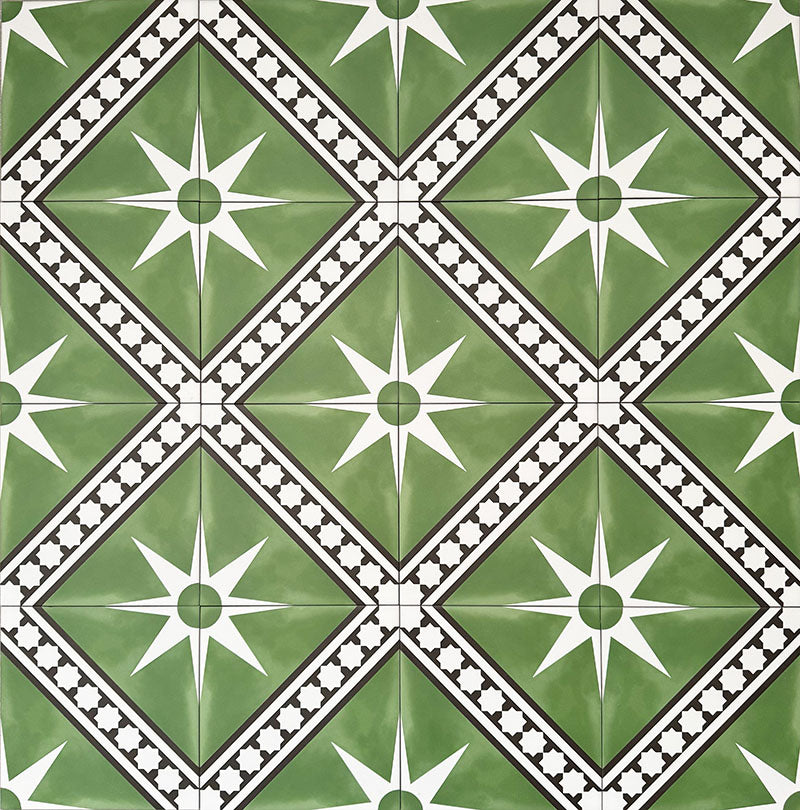Gilgamesh Green Moroccan style 20x20cm patterned tiles, shown as a flat lay to highlight the repeating green, black and white geometric star pattern.