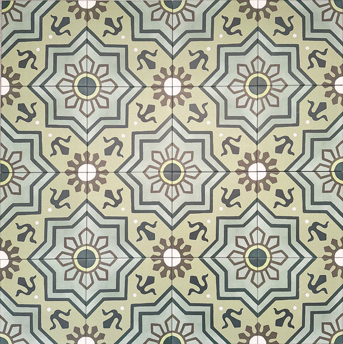 Patterned layout of Balthazar Verde 20×20cm Moroccan-style porcelain tiles, showing the full repeating encaustic-inspired geometric design in layered green tones with dark accents, ideal for creating bold feature floors or statement walls.