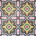 Cuba Havana Moroccan-style porcelain tiles in a 20×20cm square format, arranged in a repeating geometric pattern featuring navy backgrounds with pink, green and mustard detailing, highlighting the tile’s bold symmetry, intricate motifs and decorative encaustic-style design.