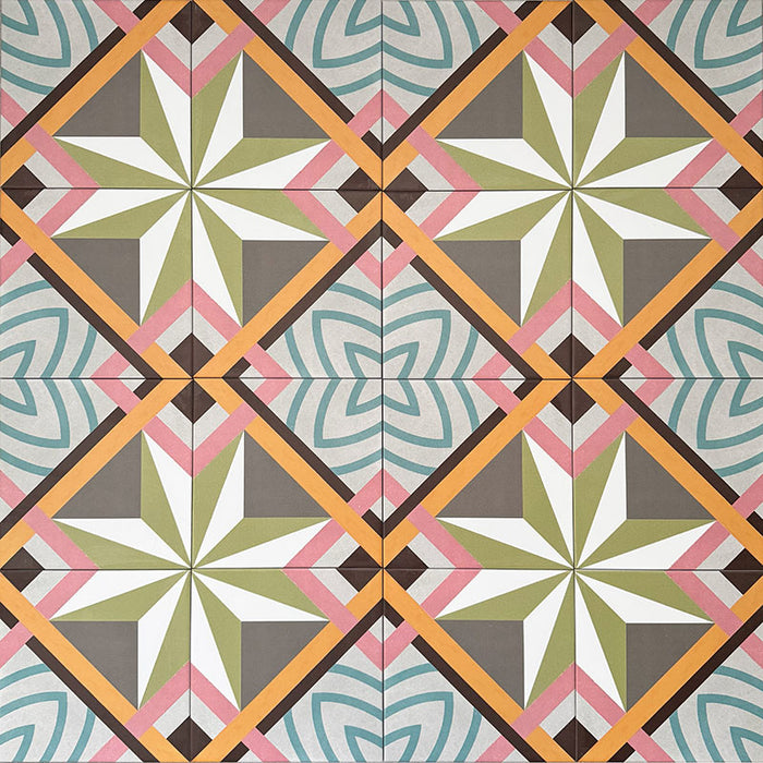 Cuba Star Moroccan-style porcelain tiles in a 20×20cm square format, arranged in a repeating geometric star pattern in soft green, blue, pink and mustard tones, shown from above to highlight the tile’s bold symmetry, crisp lines and decorative encaustic-style design.