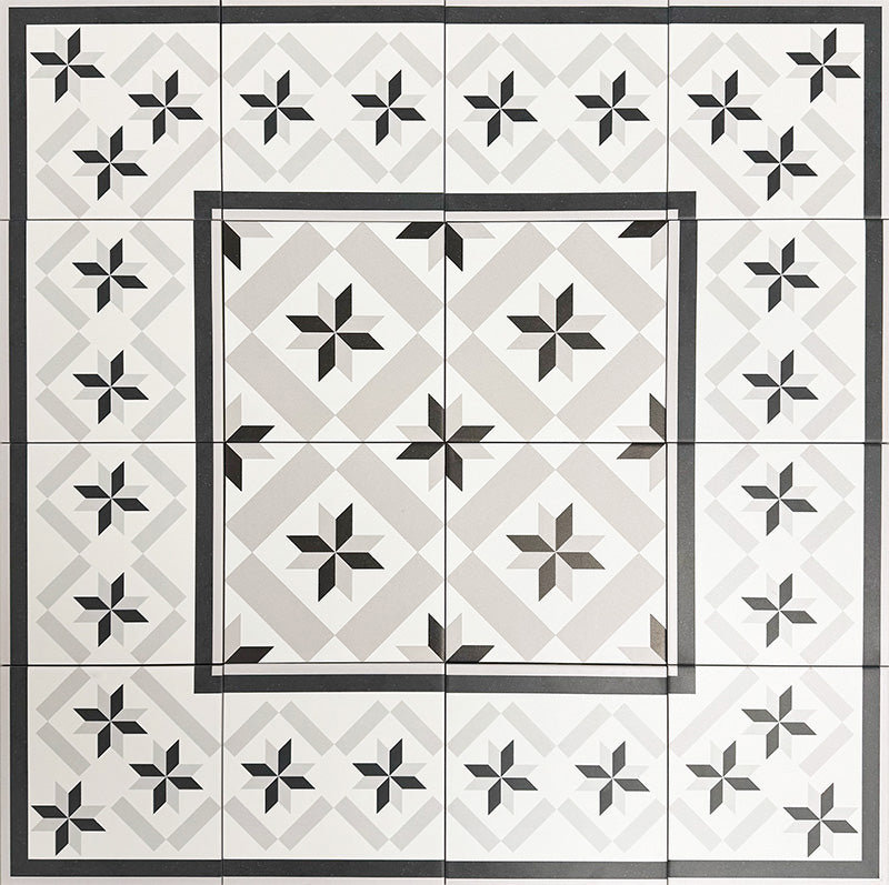 Pattern layout featuring Canterbury Star Victorian-style porcelain tiles in a 20 × 20cm format, arranged with coordinating Canterbury Star border tiles to create a framed geometric design with repeating star motifs, ideal for classic hallway and entrance floor installations.