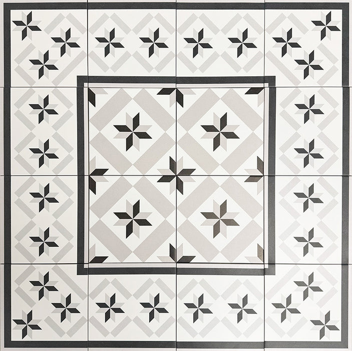 Pattern layout featuring Canterbury Star Victorian-style porcelain tiles in a 20 × 20cm format, arranged with coordinating Canterbury Star border tiles to create a framed geometric design with repeating star motifs, ideal for classic hallway and entrance floor installations.
