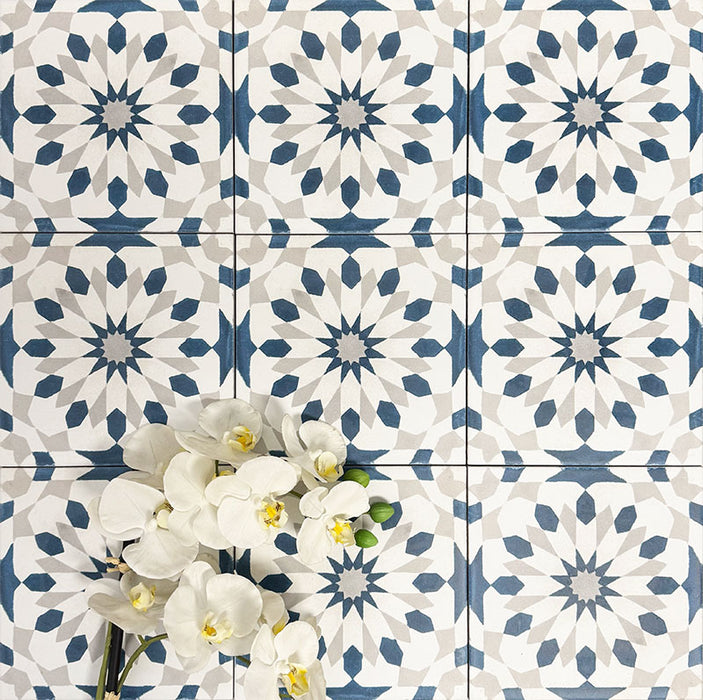 Souk Blue A 20×20cm Moroccan-style porcelain tiles arranged in a blue, white and grey geometric pattern.