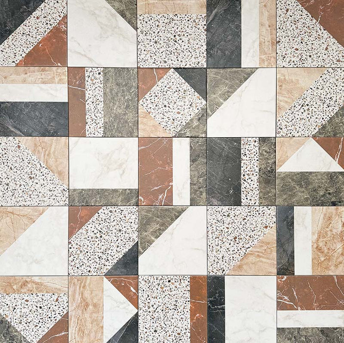 Turin Terrazzo Blanco Decor Patchwork porcelain tiles in a 20 × 20cm format, arranged in a geometric patchwork pattern combining terrazzo textures with marble-effect sections in soft neutral and earthy tones for a bold, contemporary statement.
