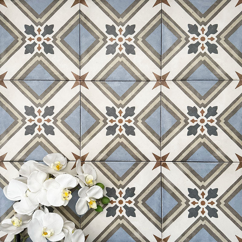Viscount Turner 20×20cm Victorian-style porcelain wall and floor tiles laid in a repeating geometric pattern with cross and floral-inspired motifs in soft blue, white, grey and warm beige tones, shown as a full tile layout with subtle tonal variation and floral styling.