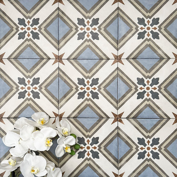 Viscount Turner 20×20cm Victorian-style porcelain wall and floor tiles laid in a repeating geometric pattern with cross and floral-inspired motifs in soft blue, white, grey and warm beige tones, shown as a full tile layout with subtle tonal variation and floral styling.