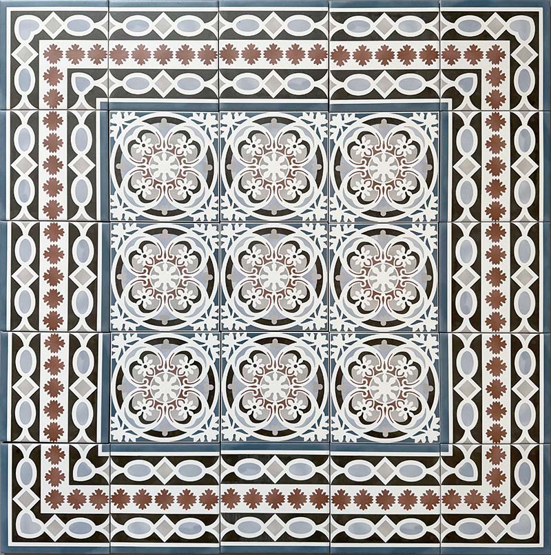 Decorative floor layout featuring Imperial Victorian Blue Mini Border Tiles, 15x15cm porcelain tiles arranged around matching patterned centre tiles to create a detailed Victorian-inspired floor design.