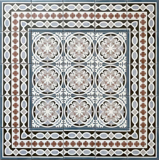 Decorative floor layout featuring Imperial Victorian Blue Mini Border Tiles, 15x15cm porcelain tiles arranged around matching patterned centre tiles to create a detailed Victorian-inspired floor design.