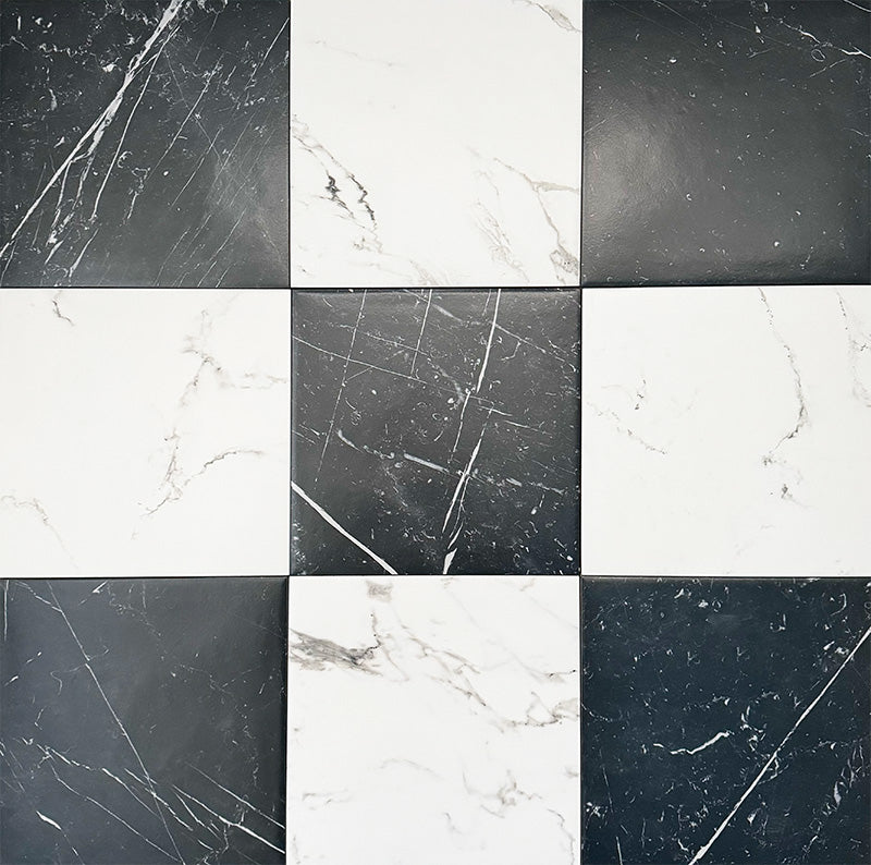 Patterned layout showcasing Florence Marquina Black 25x25cm marble-effect porcelain tiles paired with contrasting white marble-look tiles, highlighting the natural veining and classic black and white checkerboard design.
