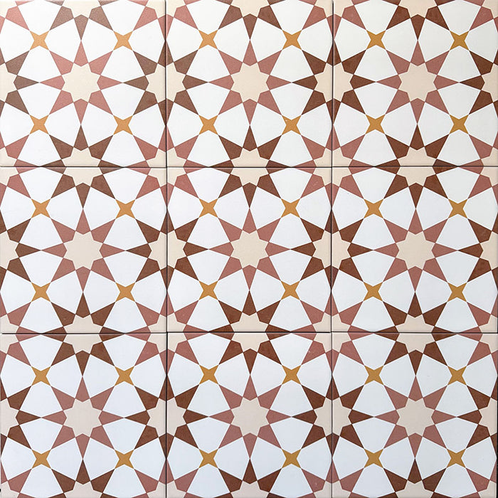 Agadir Cotto Moroccan-style 20x20cm porcelain floor tiles laid in a repeating geometric star pattern, showcasing warm terracotta, white and soft yellow tones in a coordinated tile layout.