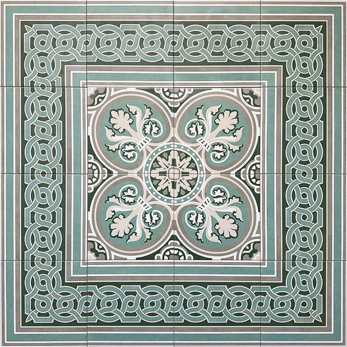 Victorian style floor layout featuring Regent Street 20cm x 20cm green ceramic tiles, arranged with coordinating centre and border tiles to create a classic framed encaustic-inspired pattern in soft green and neutral tones.
