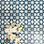 Souk Blue C 20×20cm Moroccan-style porcelain tiles arranged in a blue, white and grey geometric pattern.