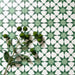 Marketing image featuring Agadir Green Moroccan-style 20x20cm porcelain floor tiles laid in a repeating geometric star pattern in soft green and white, styled with greenery to highlight the fresh, decorative design.